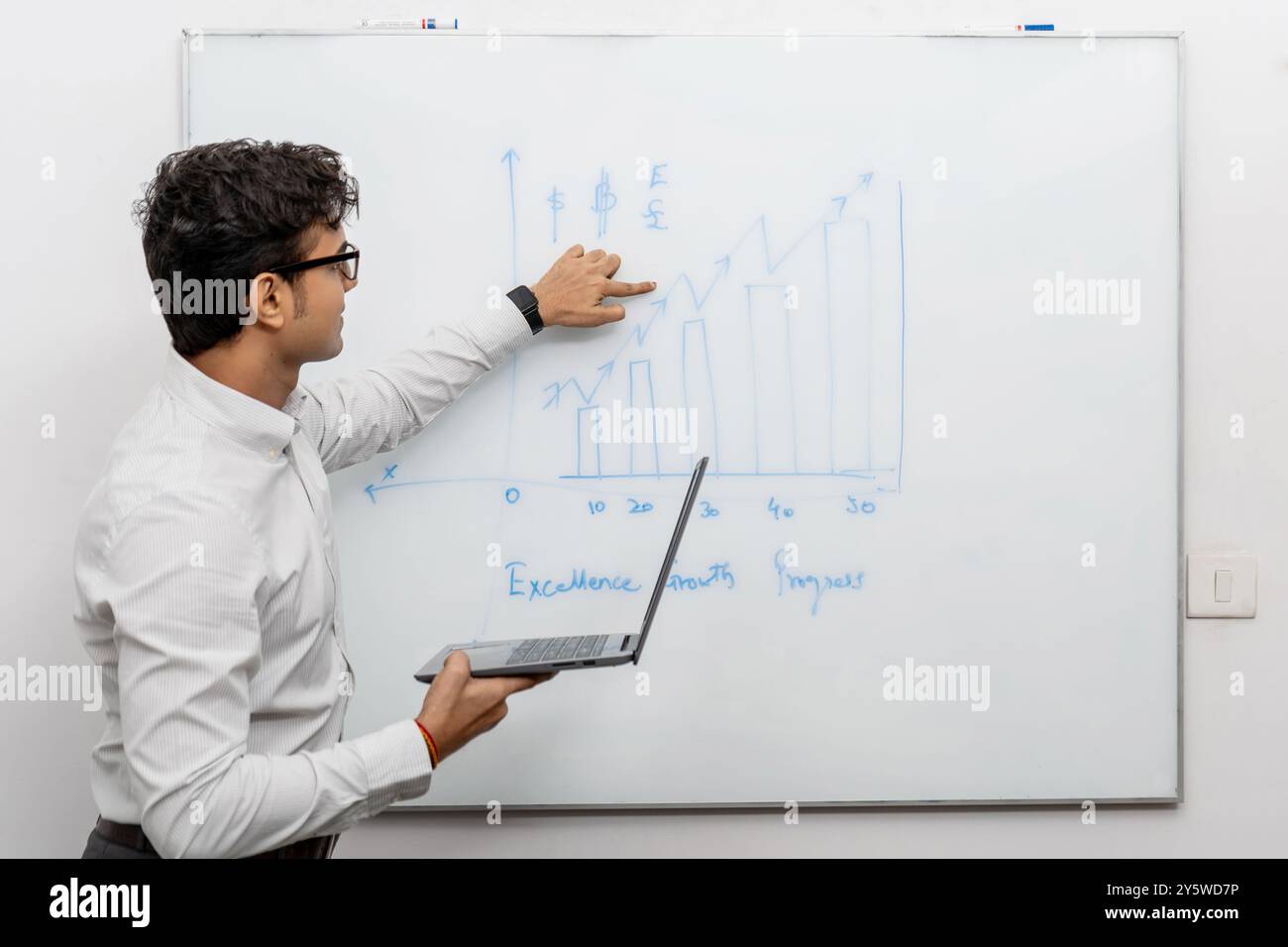 a professor delivering an engaging online lecture focused on stock trading strategies and profit graph analysis. The professor, equipped with a laptop Stock Photo