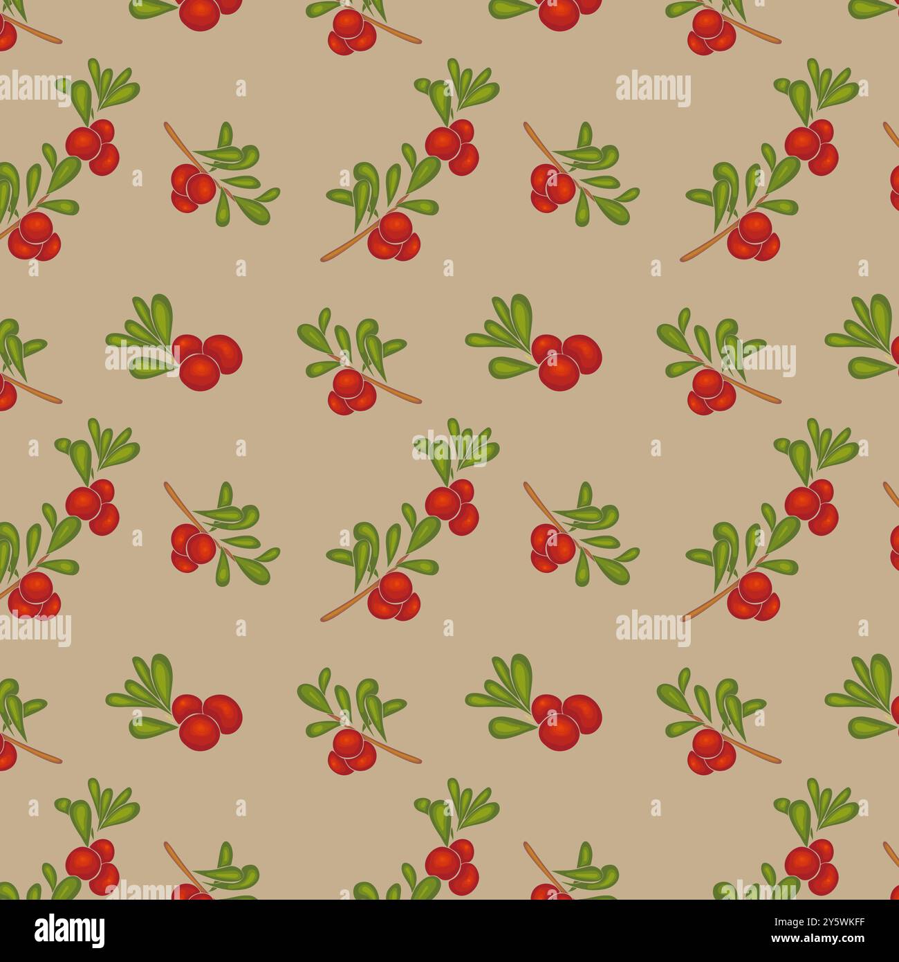 Seamless pattern with bright cranberries on beige background. Vector illustration Stock Vector