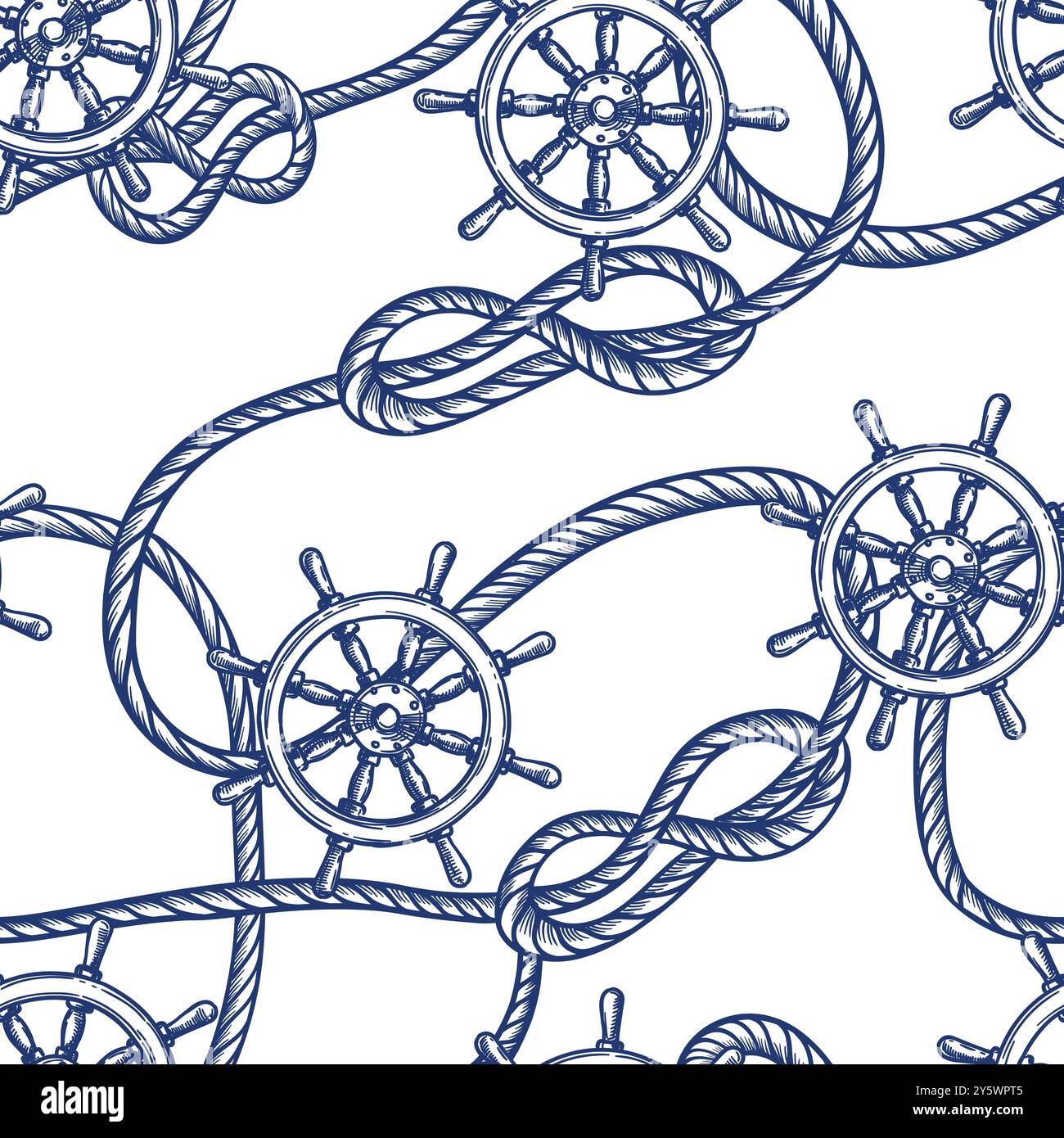 Nautical vintage seamless pattern with blue ships wheel and node rope ...