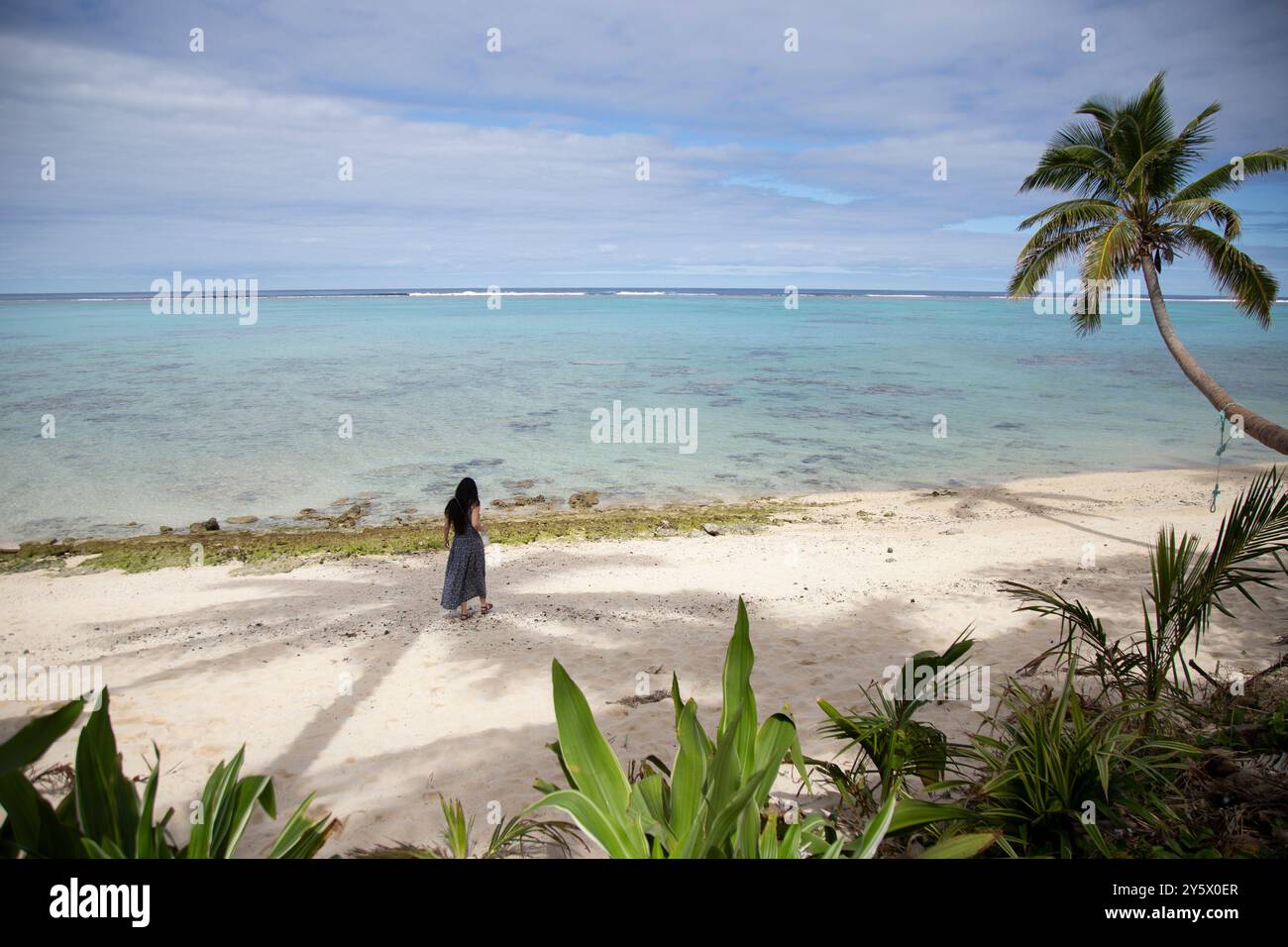 Serene tropical beach scene with a single person standing near the water's edge under a palm tree, gazing at the ocean, Titikaveka, Rarotonga, Cook Islands Stock Photo