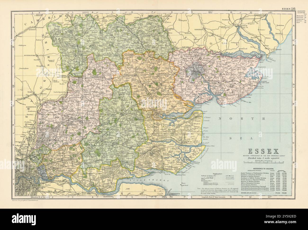 ESSEX antique county map by GW BACON 1895 old vintage plan chart Stock ...