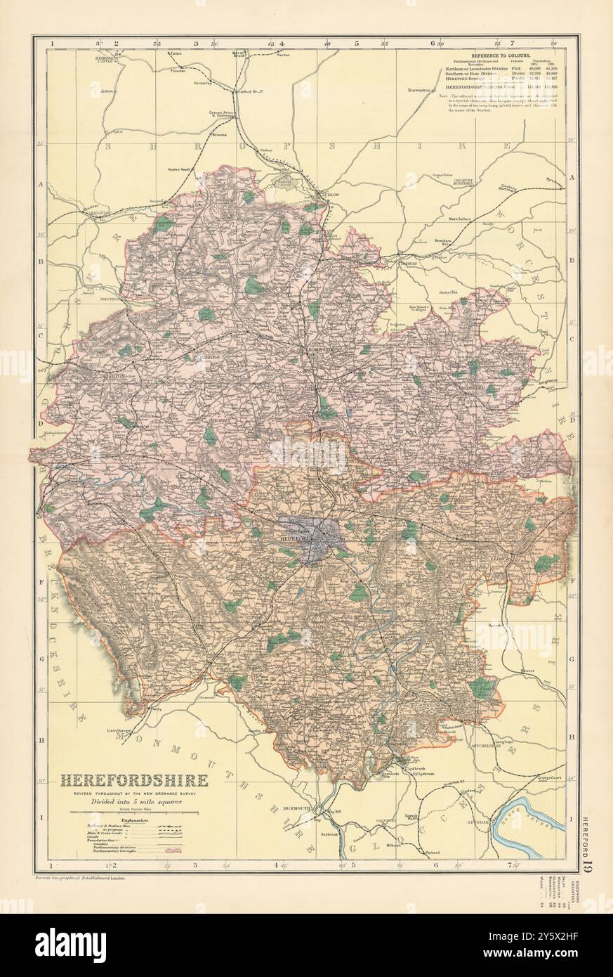 HEREFORDSHIRE antique county map by GW BACON 1895 old plan chart Stock ...