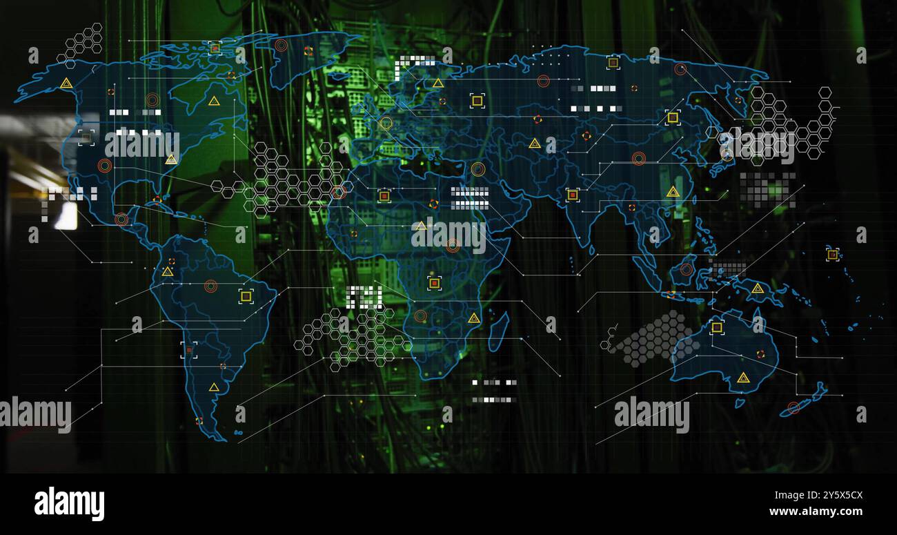 World map with data points and network connections image over server ...