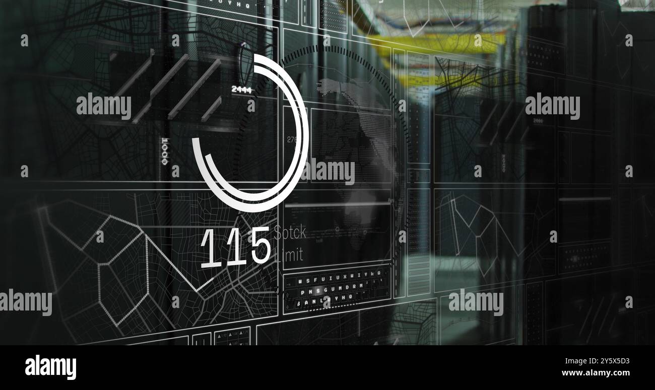 Digital data processing and analytics over server room with world map ...