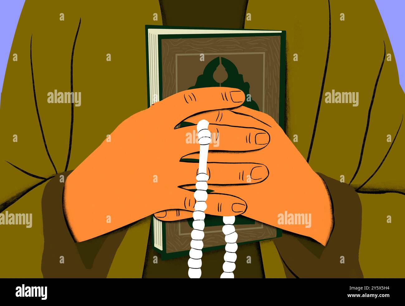 Close-up illustration of hands holding prayer beads with a book ...