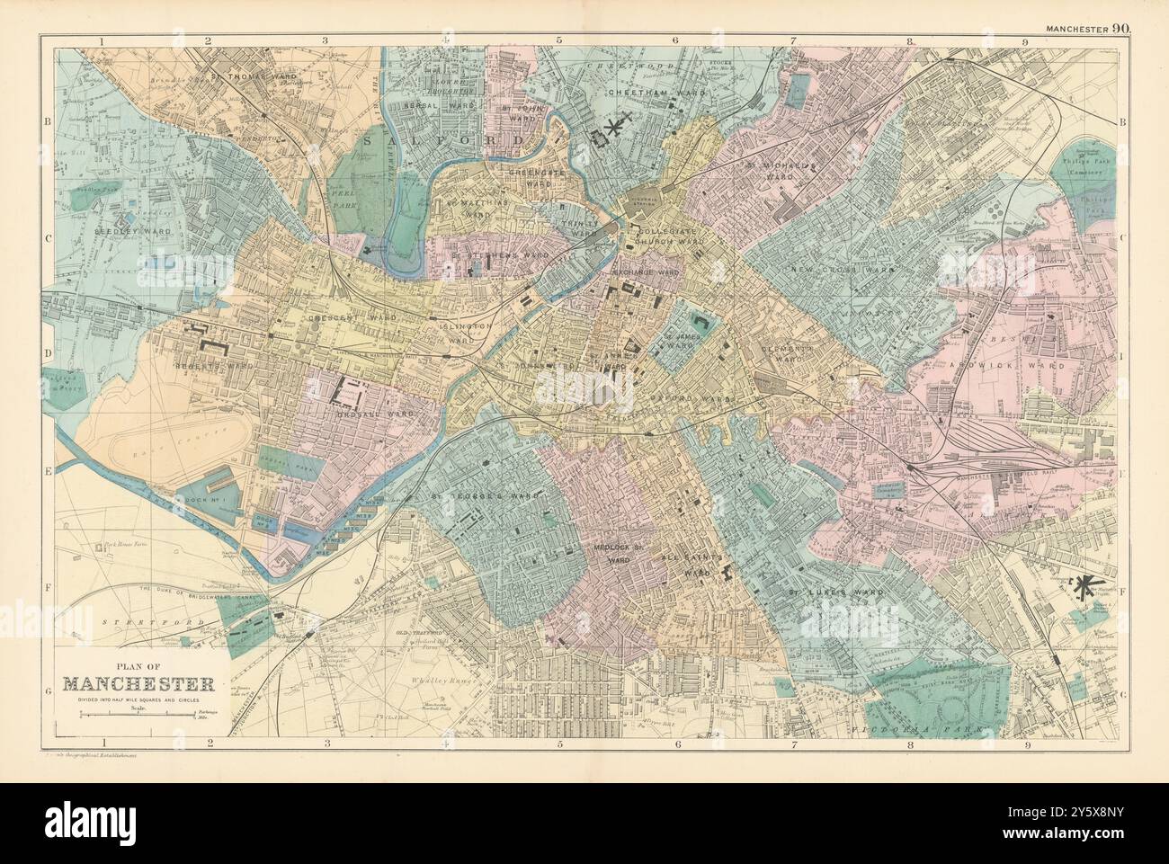 MANCHESTER Salford Trafford antique town city plan GW BACON 1895 old ...