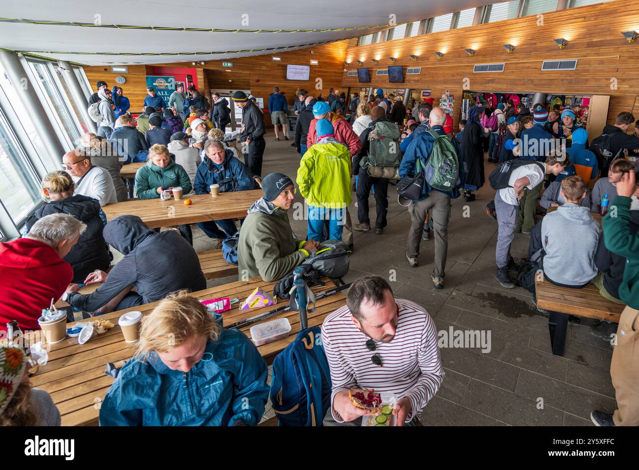 The interior of the cafe at the summit station on the Snowdon Mountain Railway in North Wales. Hafod Eryri the Summit visitor centre. Stock Photo