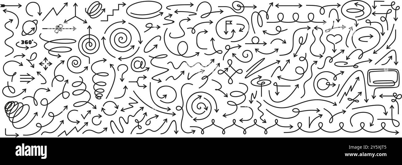 Thin line arrows. Hand drawn direction arrow doodles, curvy swirls, pointing frames, zigzags, swirl loops and wavy curves pointers for infographic Stock Vector
