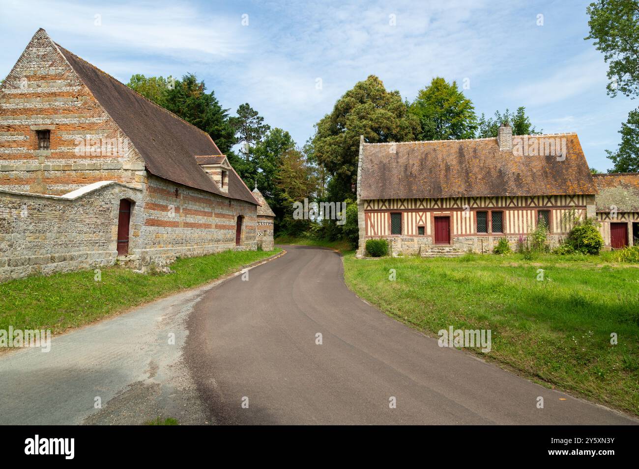 Traditional French farmhouse in the Normandy half-timbered Style,Auberville-la-Manuel, Normandy, France Stock Photo