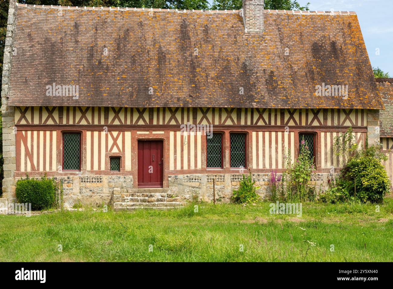 Traditional French farmhouse in the Normandy half-timbered Style,Auberville-la-Manuel, Normandy, France Stock Photo