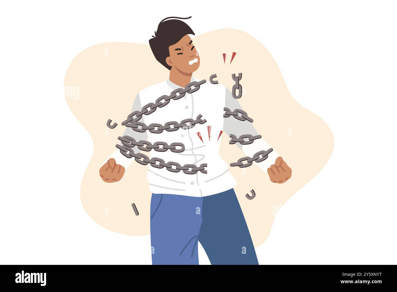 Brave man breaks chains symbolizing NDA contract in business, wanting to restore own rights Stock Vector