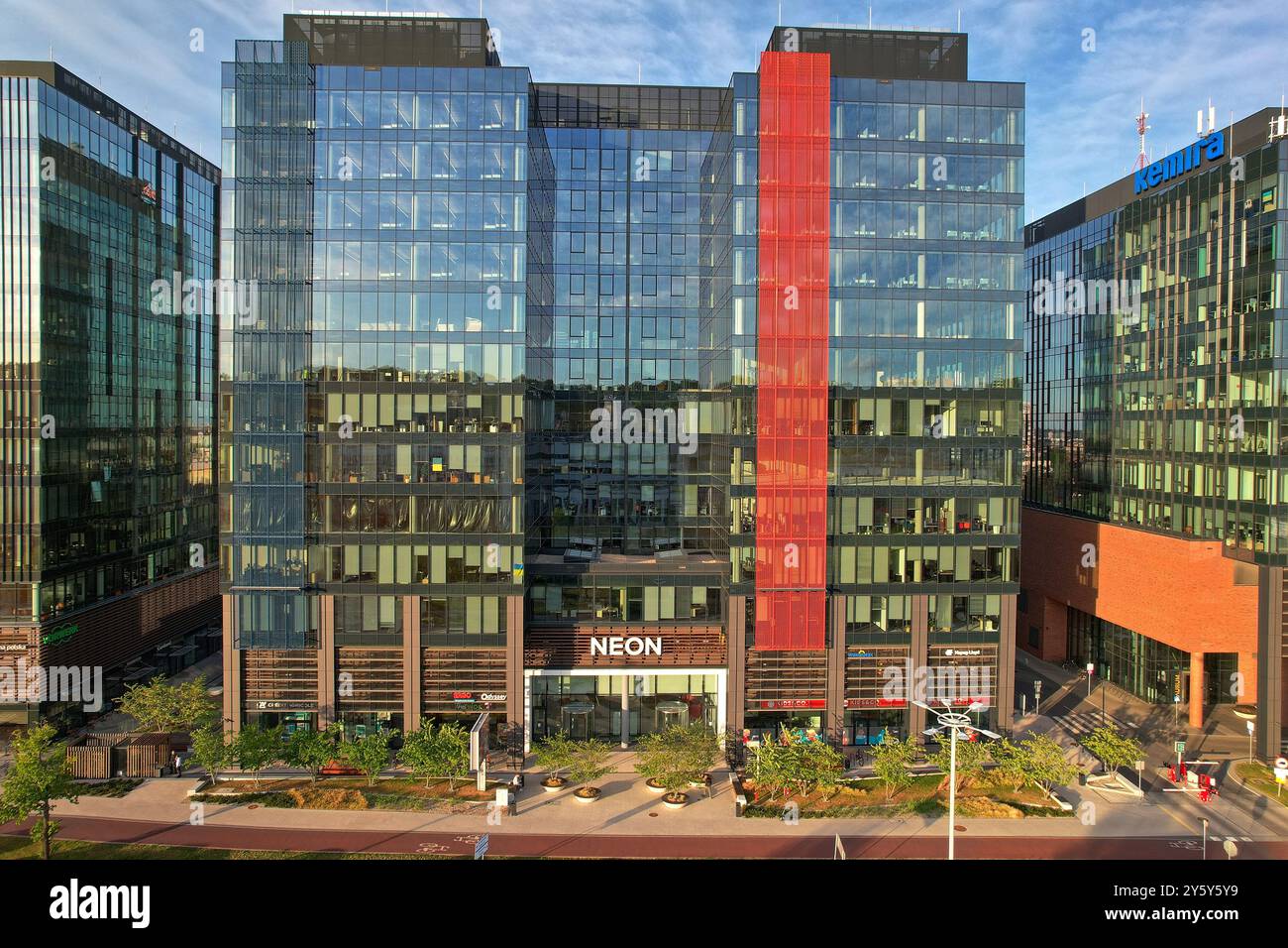 Aerial View of Gdańsk's Oliwa Business District, Modern Architecture of glass buildings in Daylight with Busy Streets, Captured by Drone Stock Photo