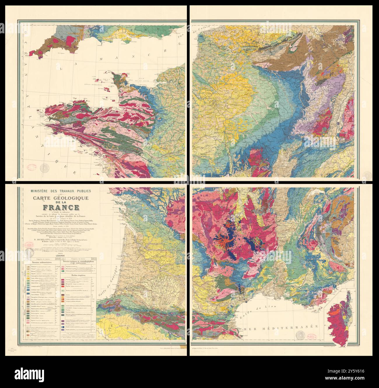 Carte Géologique de la France. Auguste Michel-Lévy. 4 sheets 107x116cm 1905 map Stock Photo