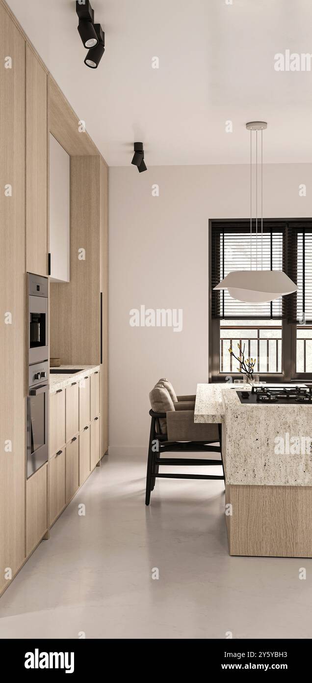 Modern kitchen interior with stone countertop island and bar stools ...