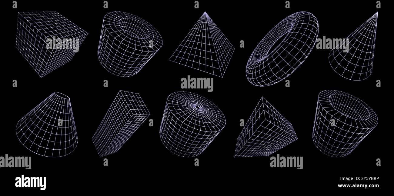 3d grid shapes, wireframe geometric figures. Vector line mesh ...