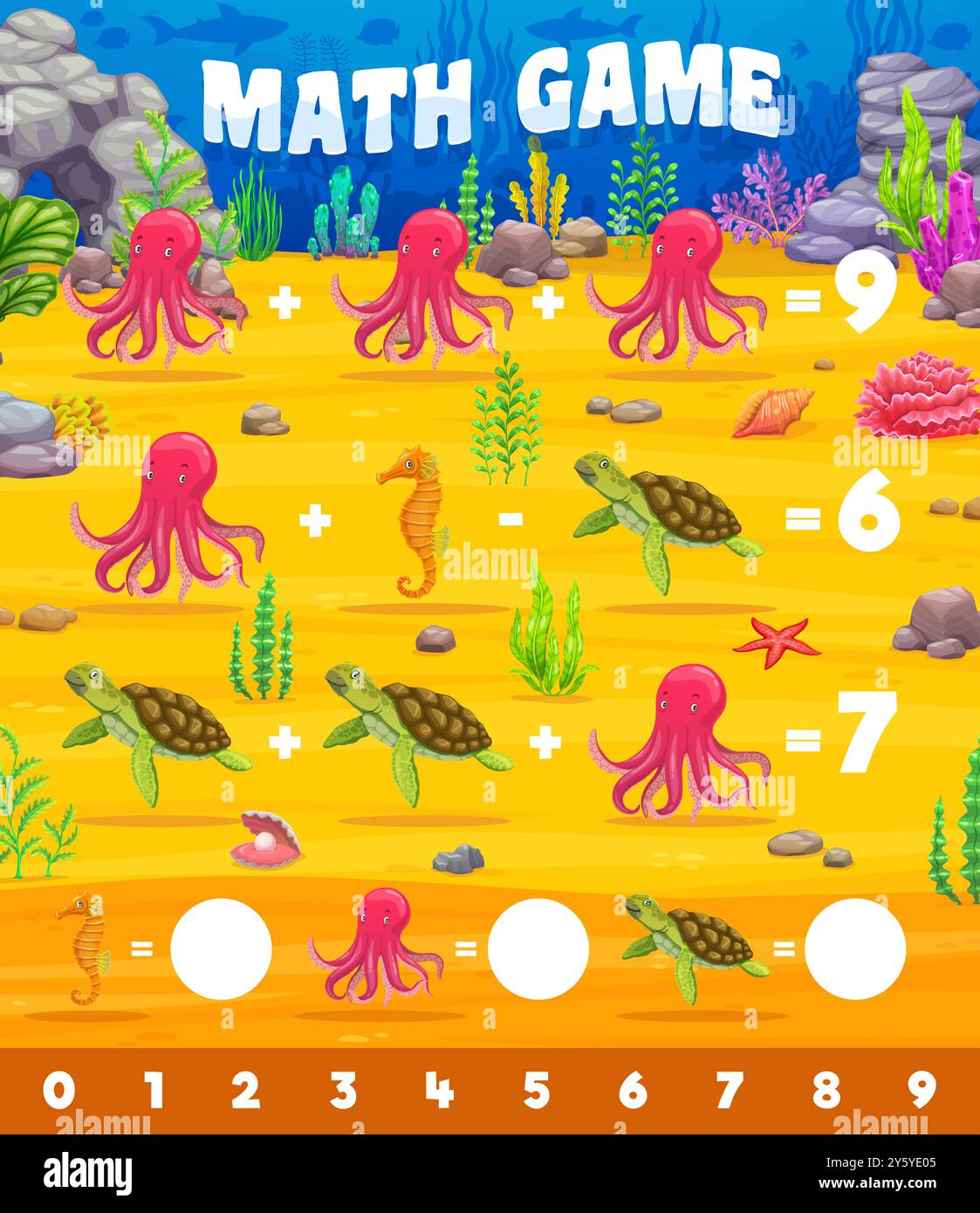 Math game worksheet with underwater sea animals like octopus seahorse