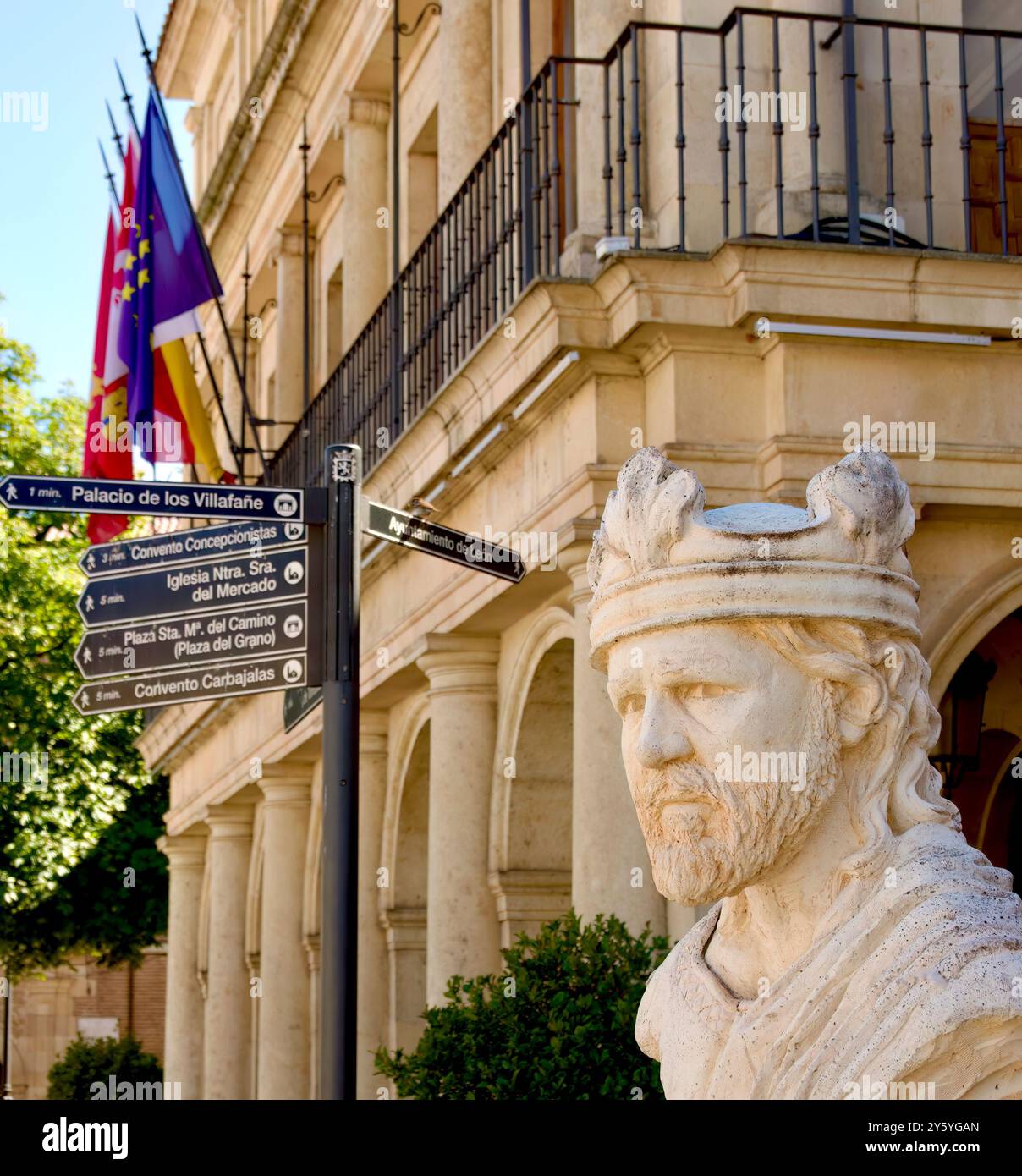 King Alonso V of Leon the Noble stone bust sculpture outside the old town hall in the Plaza San Marcelo Leon Castile and Leon Spain Stock Photo