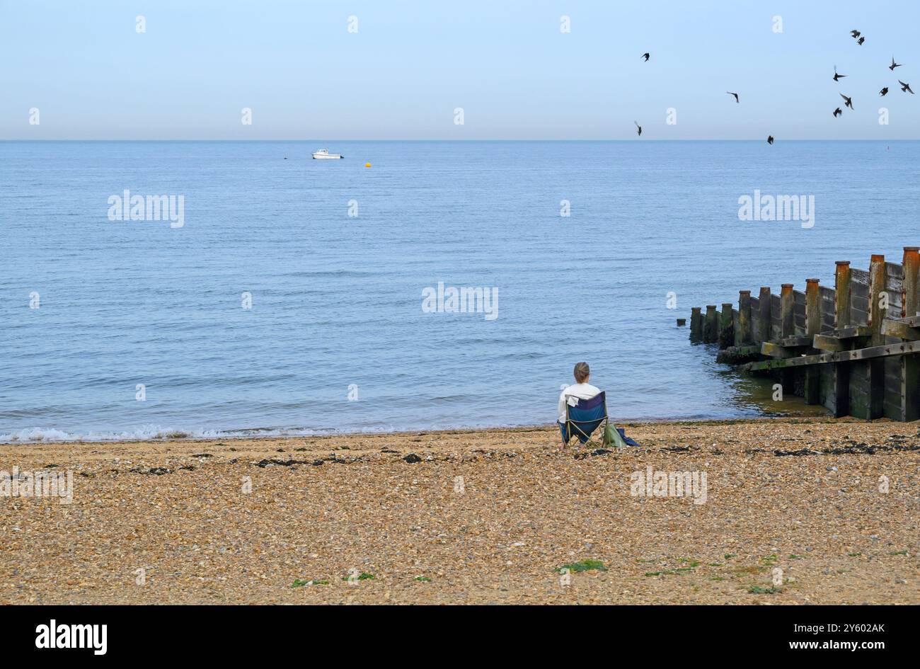 Whitstable, Kent, England, UK. Lone woman sitting on the beach staring out to sea, October Stock Photo