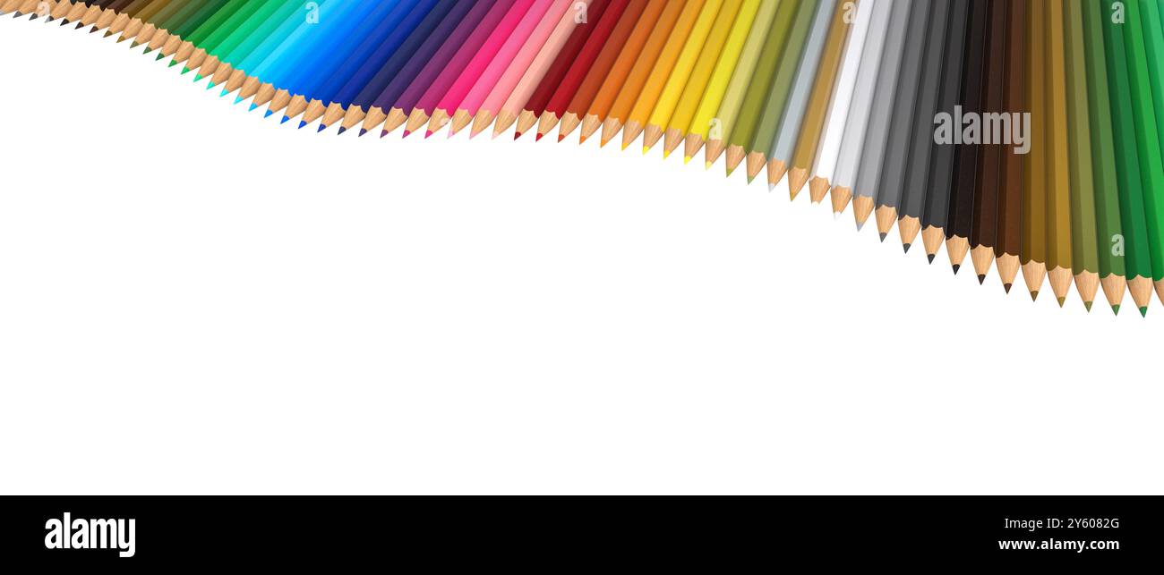 Vibrant colored pencils arranged in a wave pattern on a transparent background 3d Stock Photo