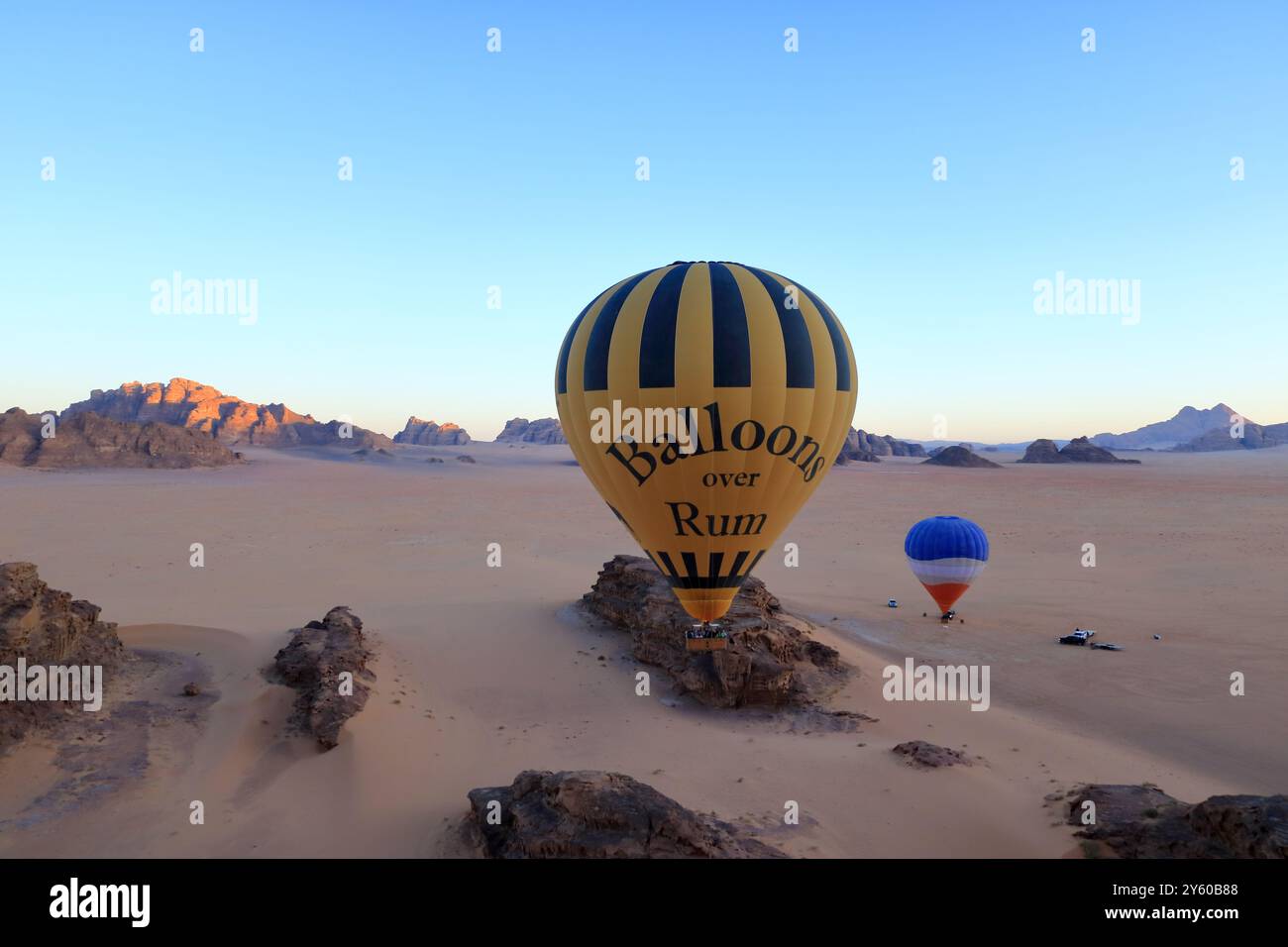 Wadi Rum in Jordan - May 16 2024: Hot air balloon above the mountains ...