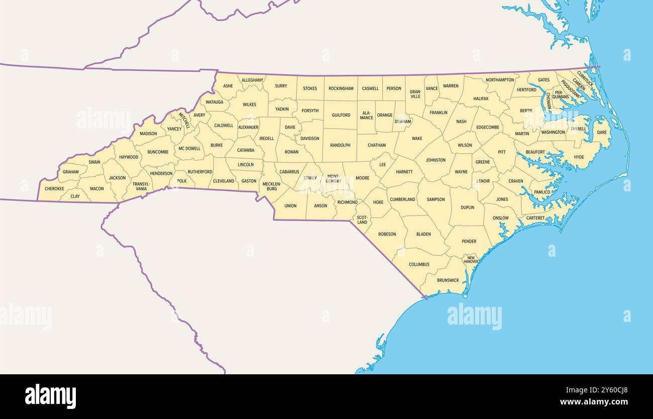 North Carolina counties political - North Carolina Counties Political Map With Borders County Names State In The Southeastern Region Of United States Subdivided Into 100 Counties 2Y60CJ8