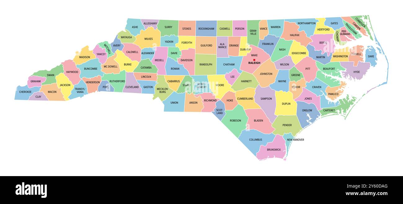 North Carolina U S State Subdivided Into 100 Counties Multi Colored North Carolina Us State Subdivided Into 100 Counties Multi Colored Political Map With Capital Raleigh Borders And County Names 2Y60DAG