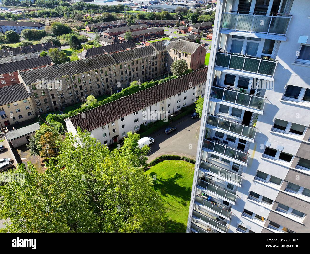 Aerial drone view of high rise social housing in Springburn ...