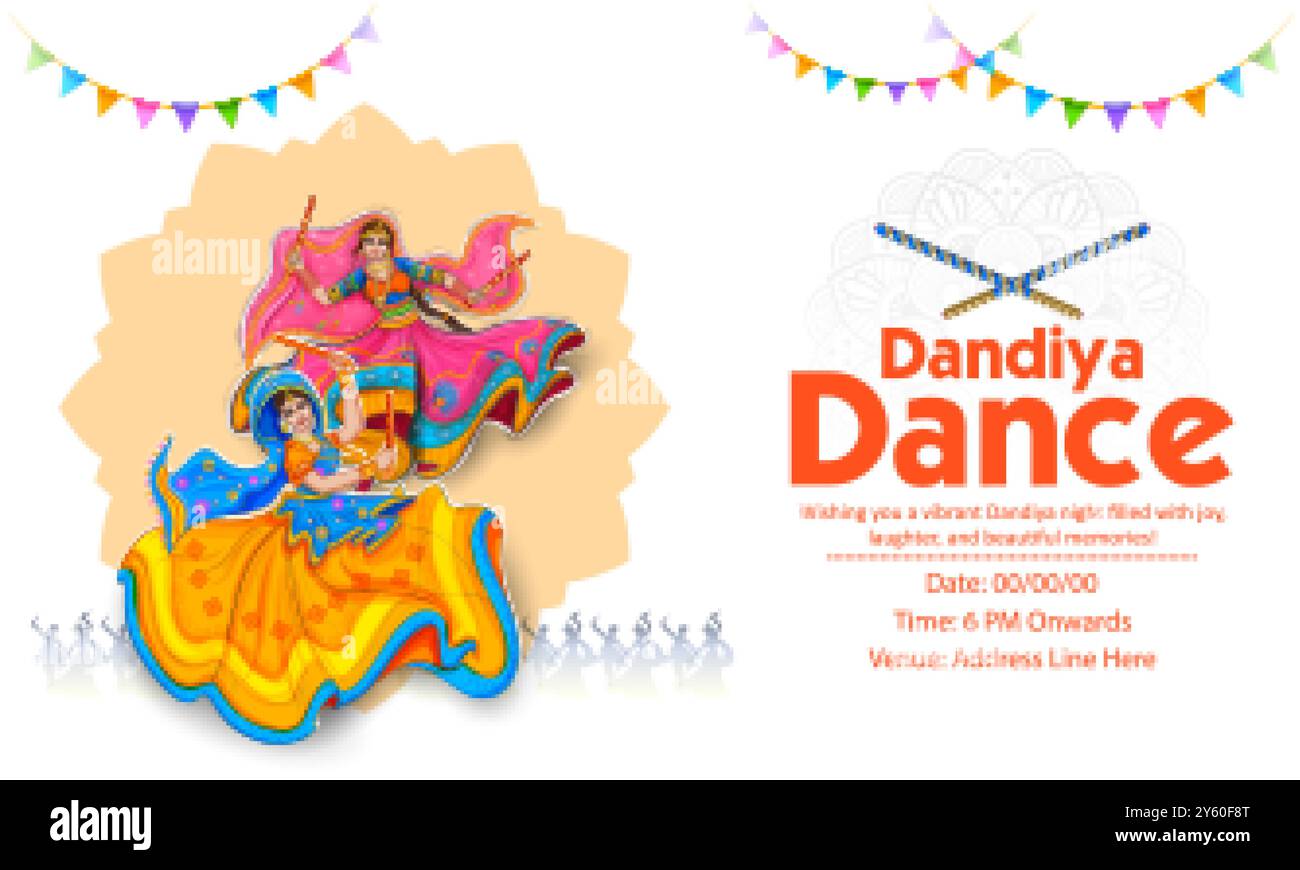 illustration of couple playing Dandiya in disco Garba Night banner ...