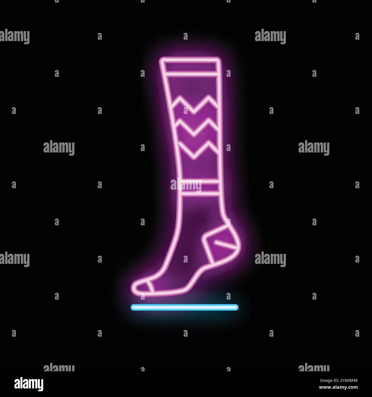 Bright pink and blue neon sign of a long sock is glowing on a black background Stock Vector