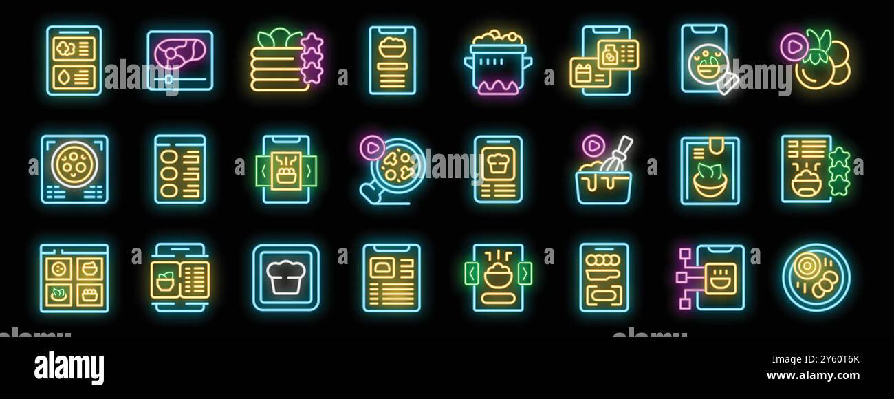 Bright neon icons showing different ways to learn to cook or order food using mobile apps Stock Vector