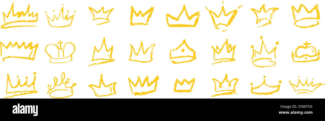 Set of doodle gold crowns drawn by wax pencil. Yellow royal headwear in ...