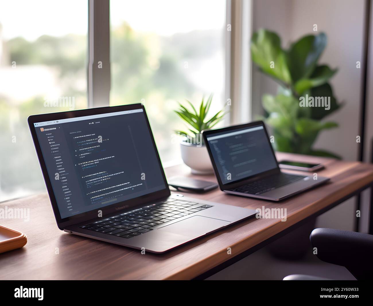 A modern remote work setup featuring two laptops on a stylish desk with greenery. This cozy workspace emphasizes productivity and serenity. Stock Photo