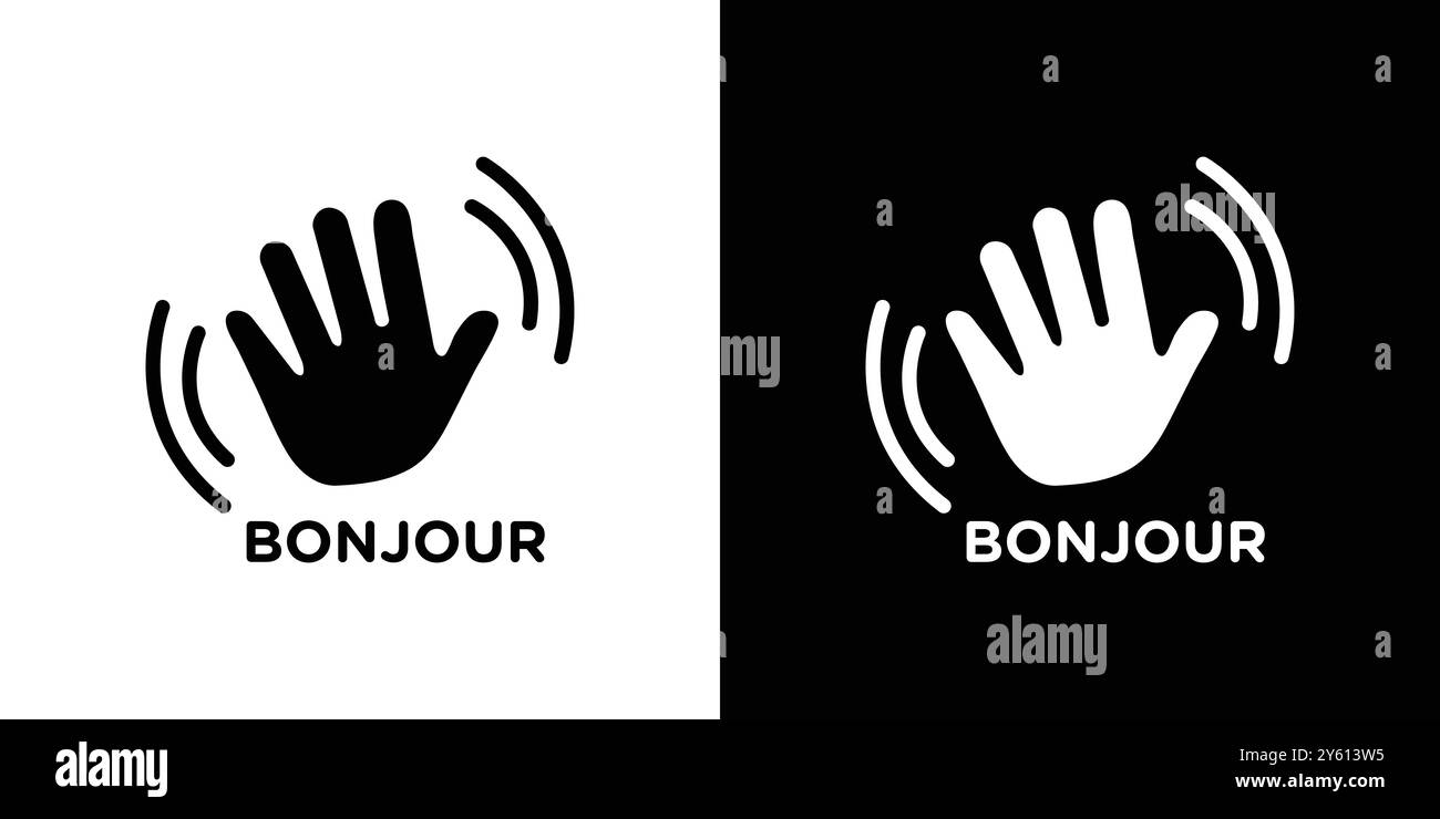 Bonjour text with hand wave icon vector logo set collection or bundle pack group Stock Vector
