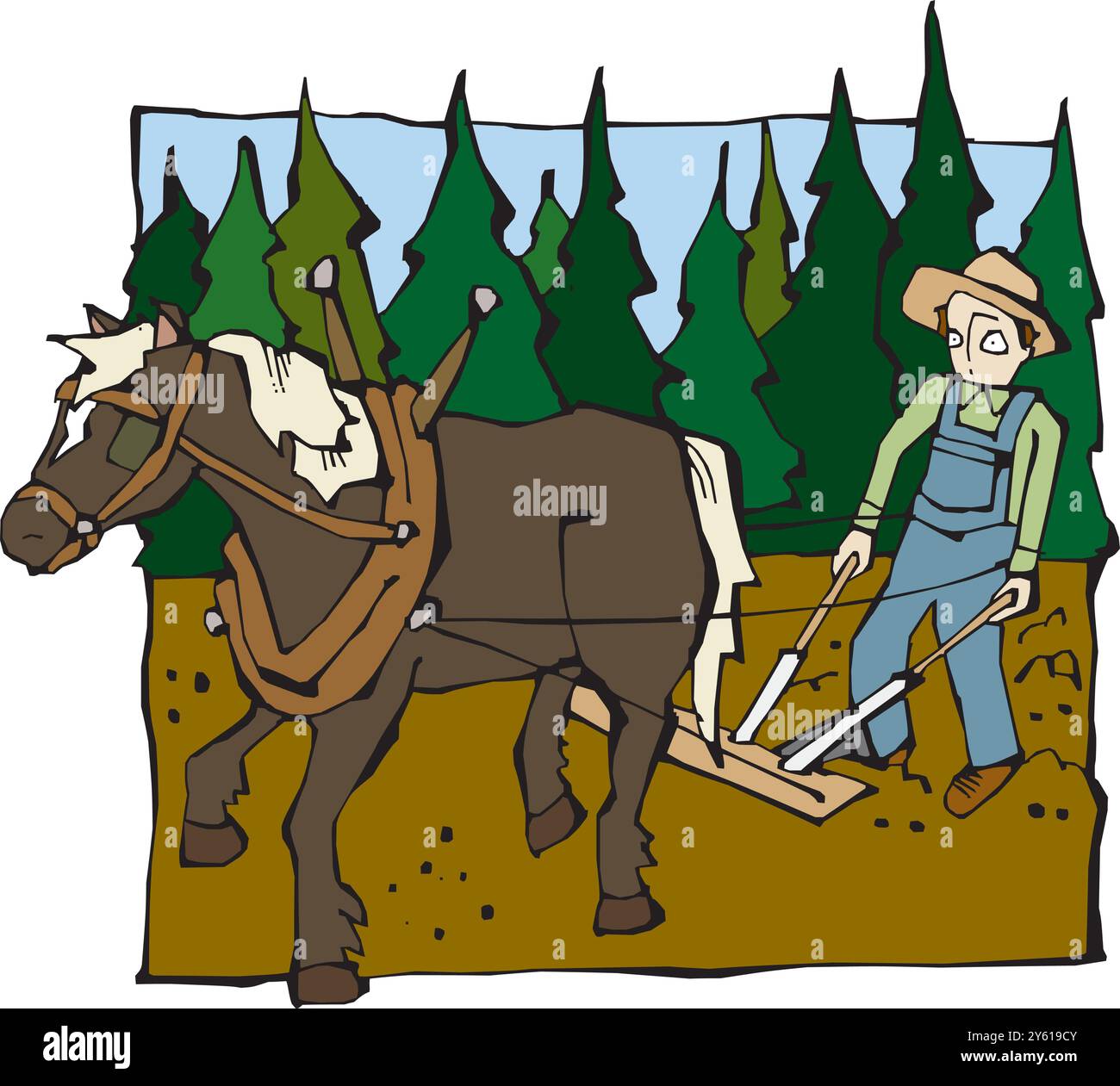 abstract farmer plowing field with a horse Vector illustration isolated ...