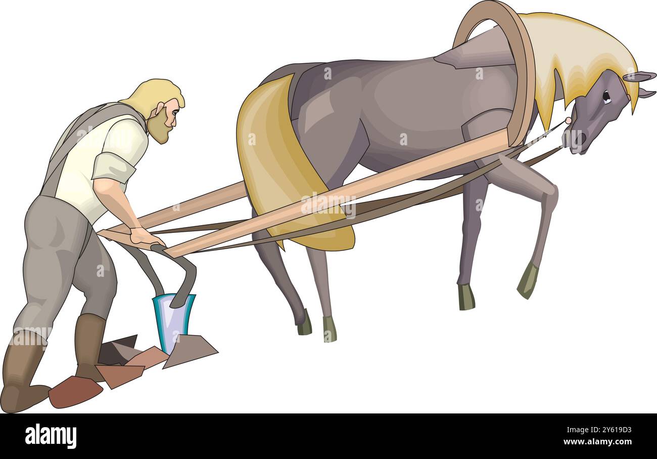 abstract farmer plowing field with a horse Vector illustration isolated ...
