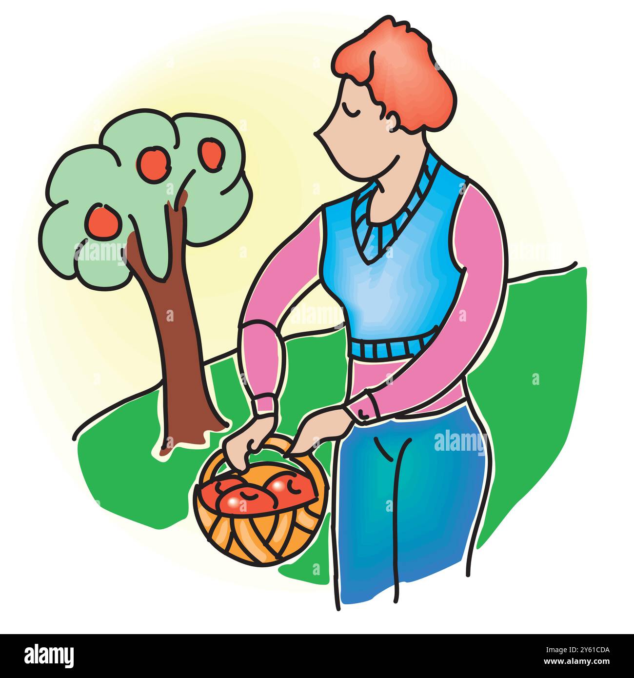 Farming woman picking apples in garden vector, isolated female wearing farm clothes Stock Vector