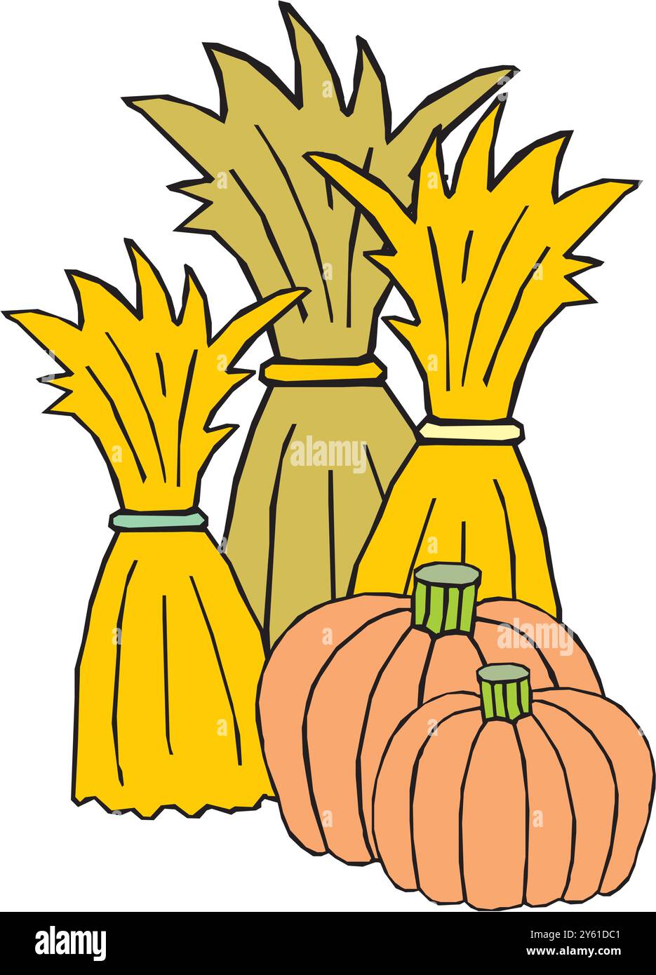 corn haystack and Pumpkins in rectangular bundle with ropes, countryside farm agriculture haystack vector illustration Stock Vector