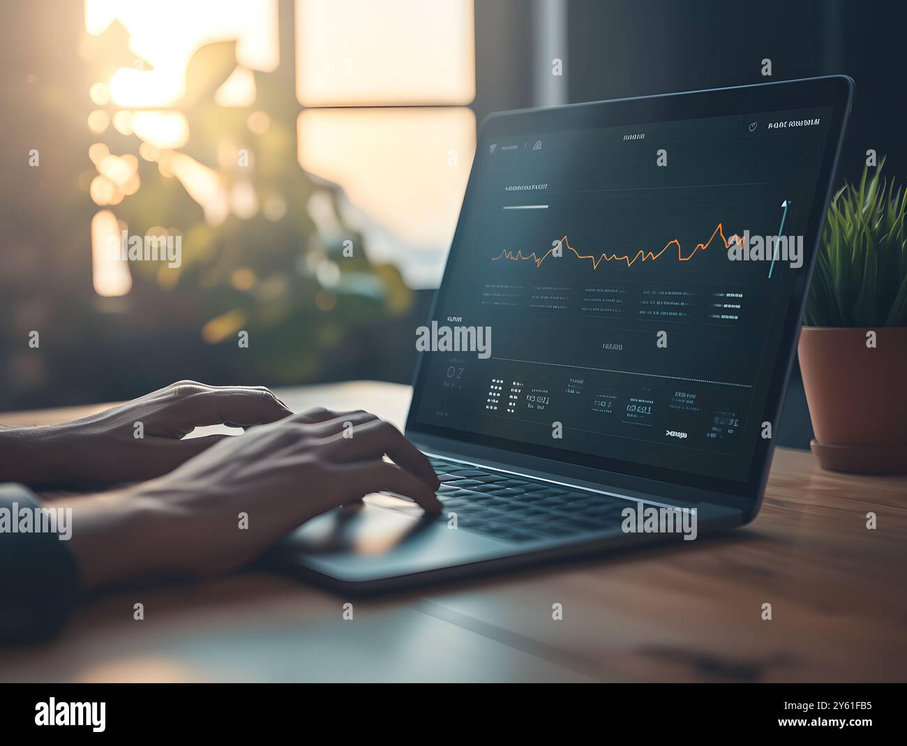 A minimal office environment featuring a laptop displaying data ...