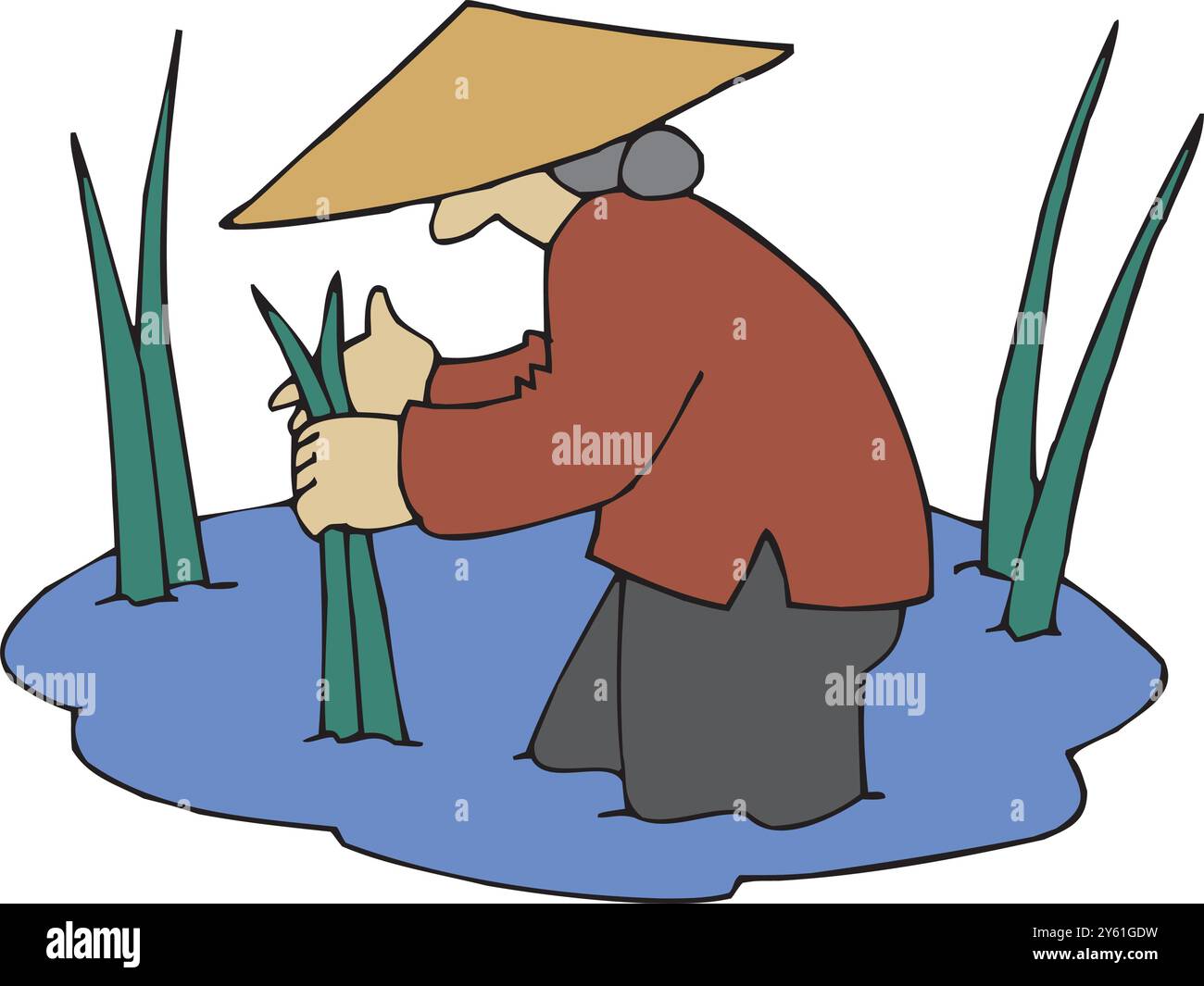 Farmer planting rice at ricefield vector