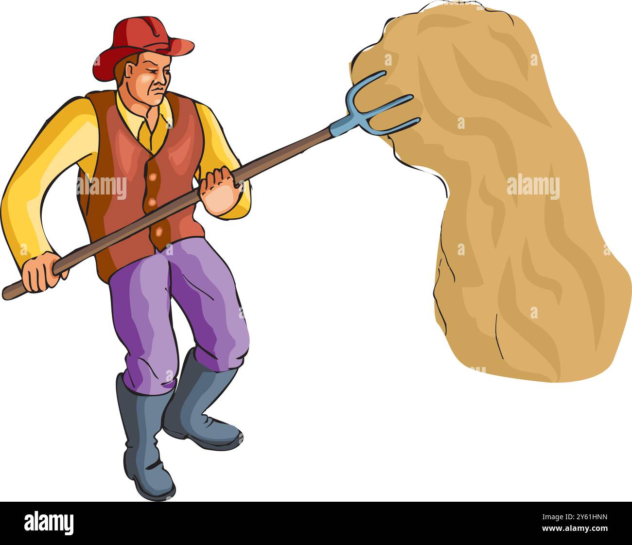 Farmer work with hay. Agriculture worker with hay pitchfork, rural ...
