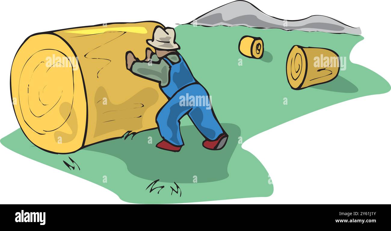 Farmer work with hay. Agriculture worker with hay pitchfork, rural ...