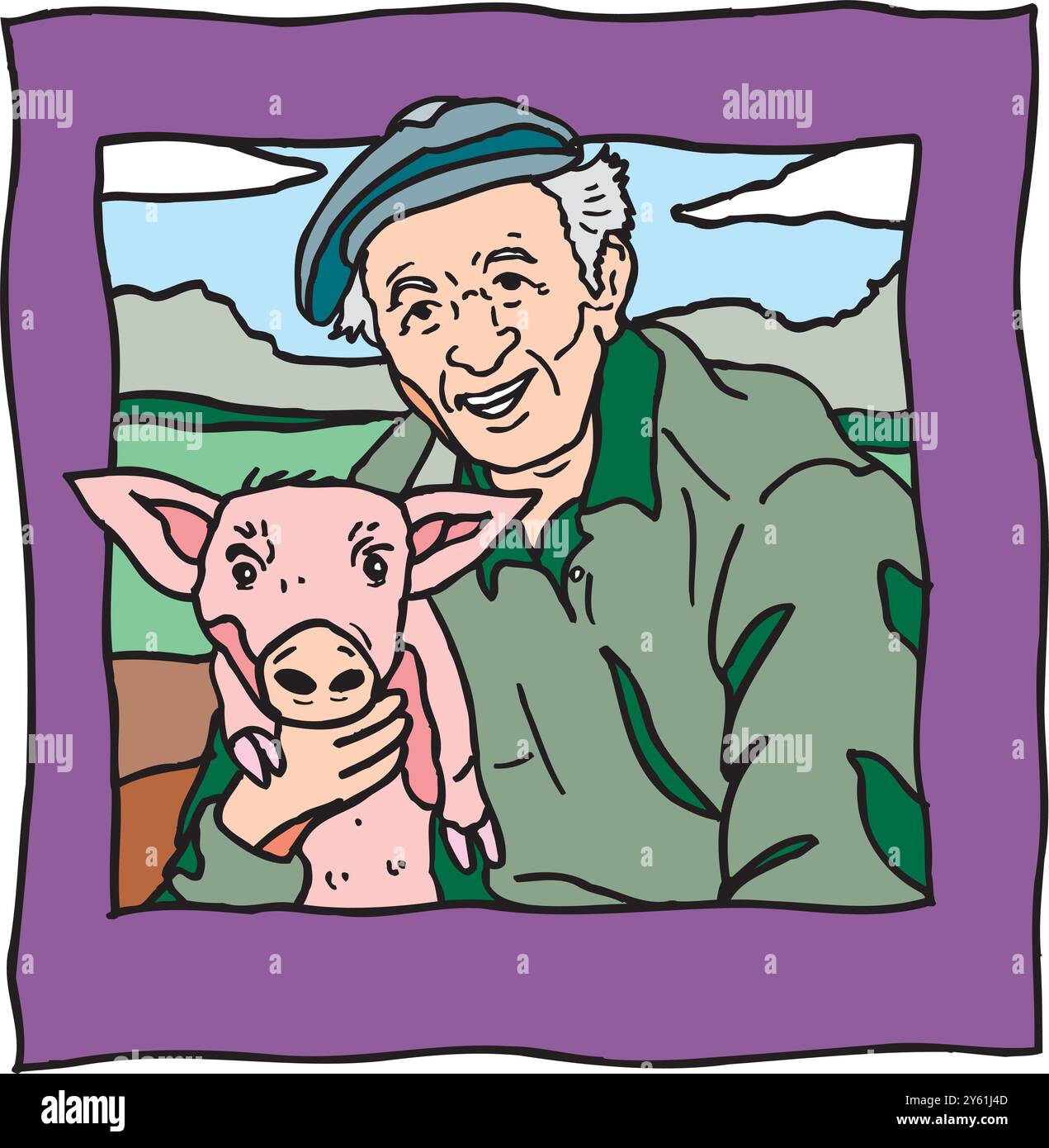 Farmer standing next to a pig on the farm vector design illustration ...