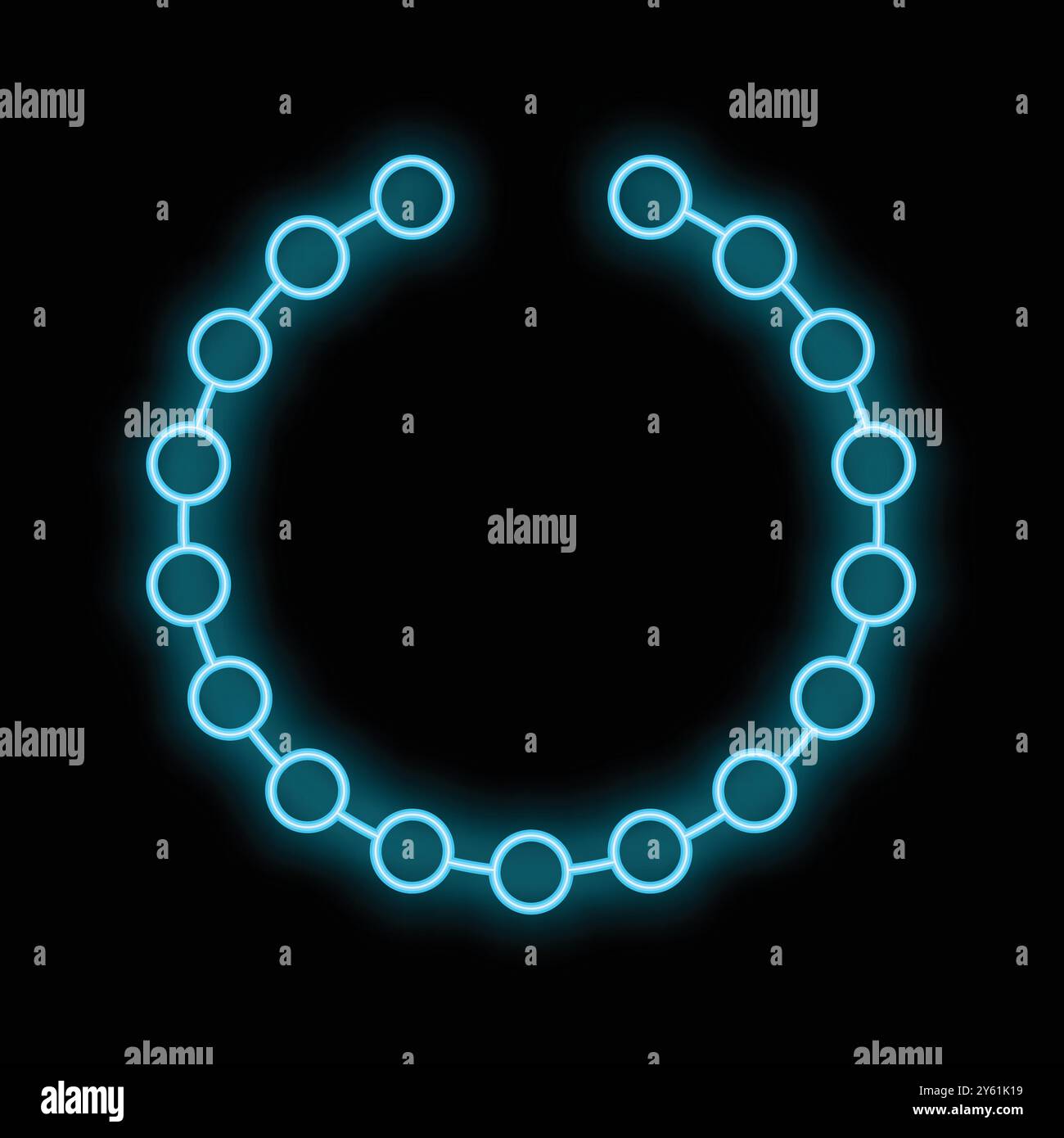 Blue neon circle frame glowing on black background with copy space ...