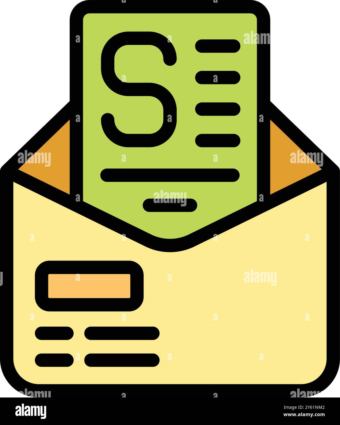 Open yellow envelope containing green document with letter s, concept for important message or notification Stock Vector