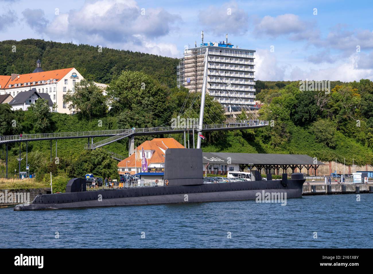 The city harbor of Sassnitz, island of Rügen, submarine museum, suspension bridge connects the old town with the harbor, Mecklenburg-Vorpommern, Germa Stock Photo