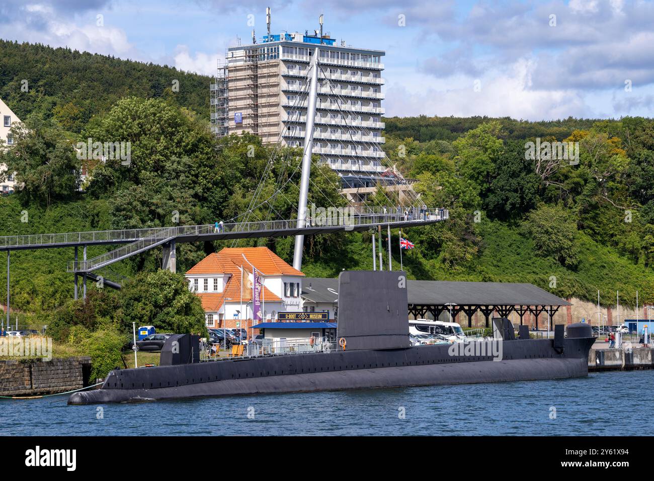The city harbor of Sassnitz, island of Rügen, submarine museum, suspension bridge connects the old town with the harbor, Mecklenburg-Vorpommern, Germa Stock Photo