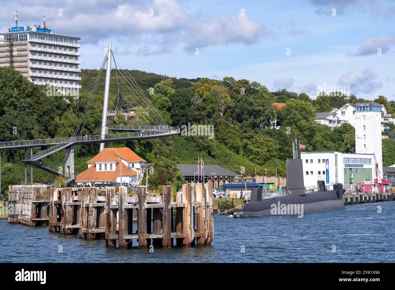 The city harbor of Sassnitz, island of Rügen, submarine museum, suspension bridge connects the old town with the harbor, Mecklenburg-Vorpommern, Germa Stock Photo