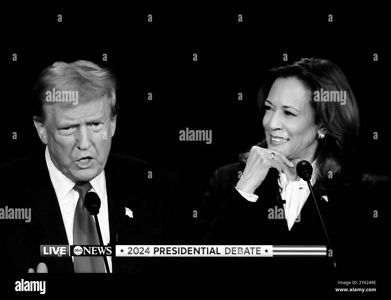 A television screen shot of the Sept. 10, 2024, presidential debate ...
