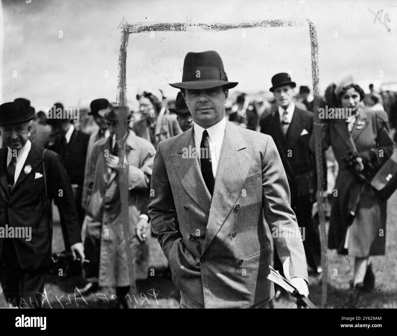 Son and heir to the Aga Khan, Prince Aly Khan, keen sportsman and amateur rider, is at 37, one of the world's blood-stock.  Last year, the Prince brought a half share in all the brood-mares, yearlings and foals owned by his famous father.  The total value was put at more that £500,000, and recently the Prince added to his list of studs in Ireland, buying another property for £20,000 Picture Shows:  Front rank blood stock breeder and noted amateur rider Prince Aly Khan.  28 December 1947 Stock Photo
