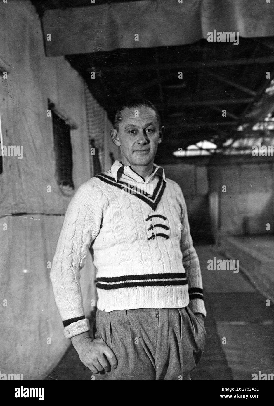 The England cricketers who leave on a playing tour of the West Indies, just after Christmas are hard at work getting into shape for the forthcoming test. They will have only about four days for practice when they arrive in Barbados, and skipper G. O. Allen has urged his men to make full use of indoor schools for getting into form.  Picture shows:  G. O. Allen (Middlesex and England), captain of the M.C.C. team to tour the West Indies.  6 December 1947 Stock Photo